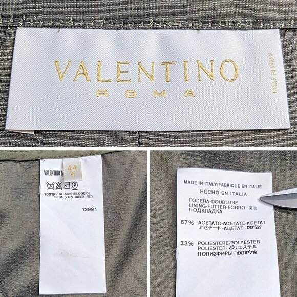 Vtg Y2K VALENTINO Metallic Futurism 100% Silk Green-Gray Belted Moto Trench Sz 8 - Picture 4 of 9